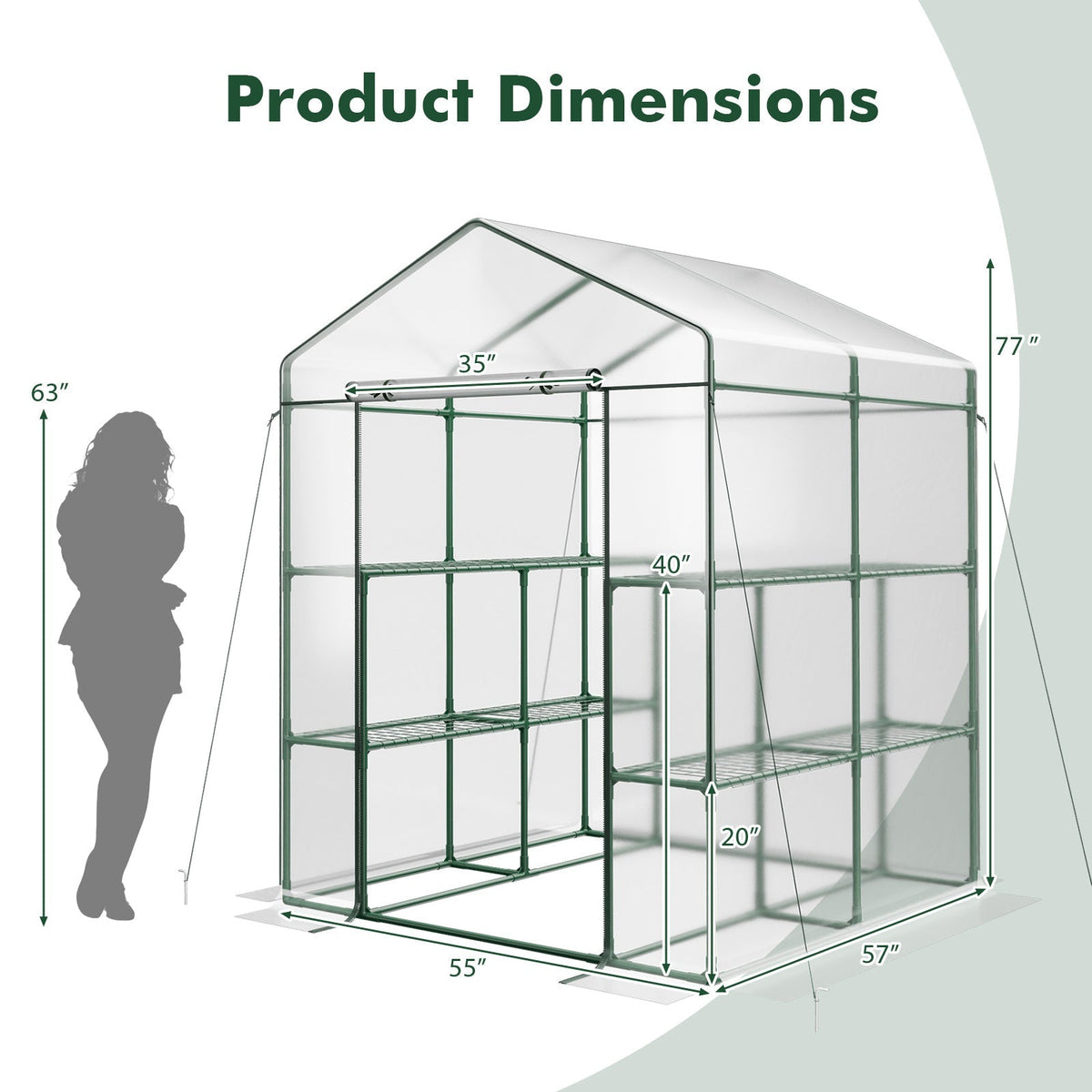 55 x 57 x 77-Inch Walk-In Greenhouse with Transparent Cover, Roll-Up Door and Eight Side Shelves — image 3