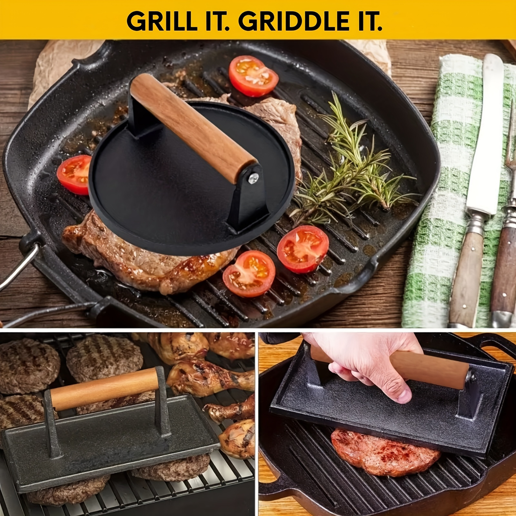 Smash Burger Press Cast Iron Heavy Duty Dual-Size Burger Smasher with Ergonomic Wood Handle – BBQ Grill Press for Smash Burge