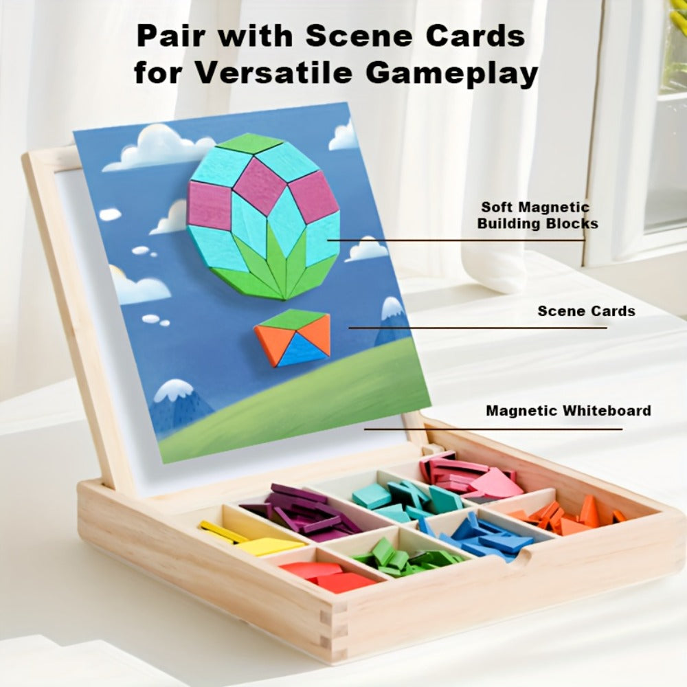 Magnetic Wooden Puzzle Blocks 128 180 220 Piece Set, Geometric Figures Cognitive Learning STEM Toy for Kids — image 14