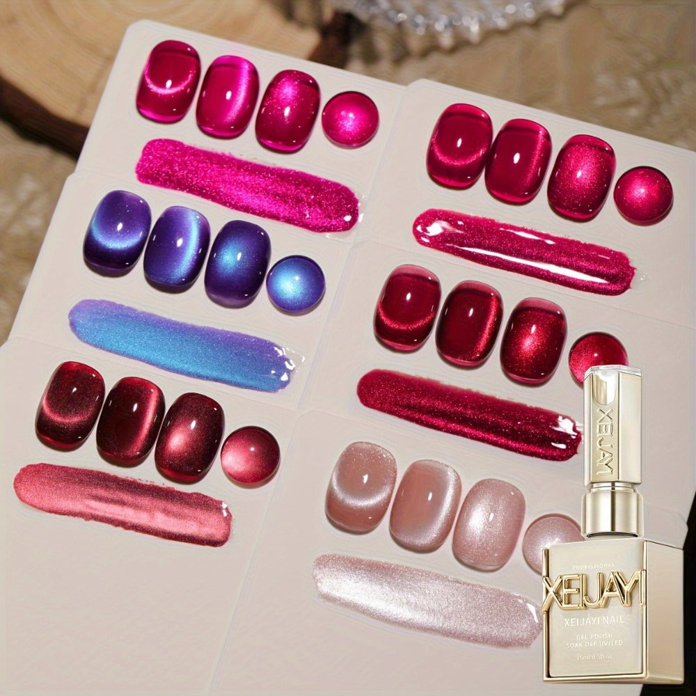 Gel Nail Polish 6-Color Berry Magnetic Cat-Eye Set in Frame Bottles with Plum-to-Magenta Shades — image 1
