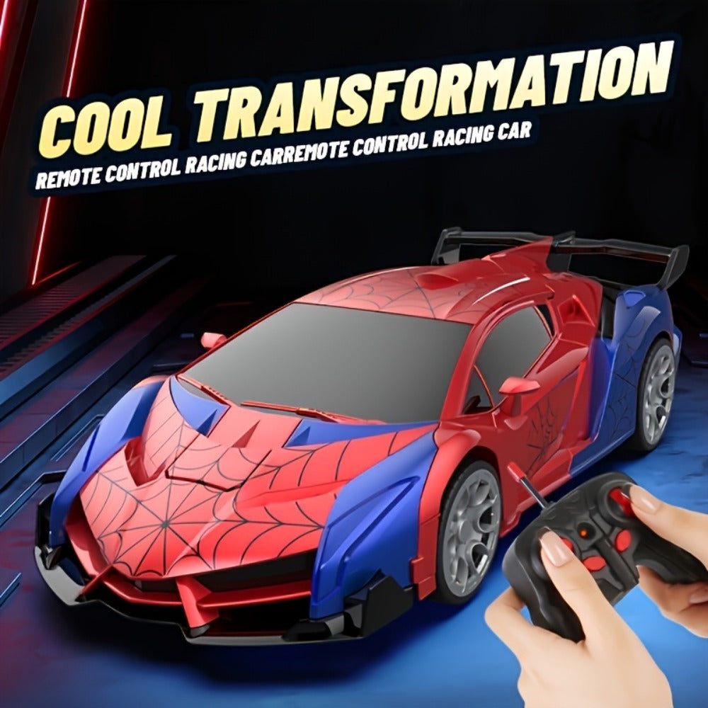 Remote Control Car, Spider-Man Pattern 1:18 Transforming Robot Vehicle with One-Button Change, LED Lights and Three Colors — 