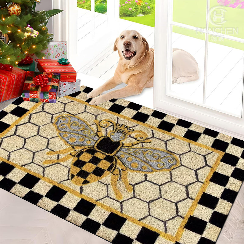 Bee Honeycomb Entryway Floor Mat with Black Check Border in Three Sizes from 15.74 x 23.62 to 17.71 x 47.24 Inches — image 2