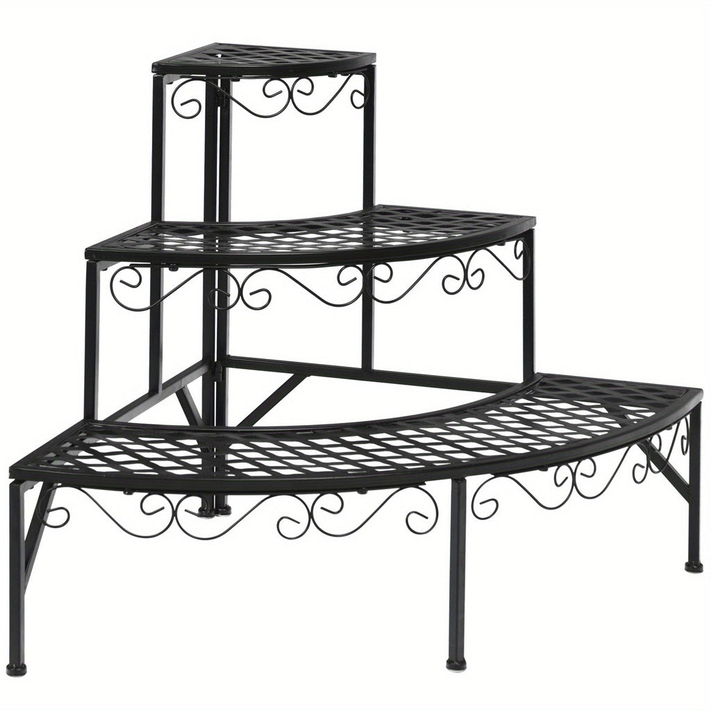 Three-Tier Black Metal Corner Plant Stand with Fan-Shaped Shelves, Scrollwork and Non-Slip Feet — image 4