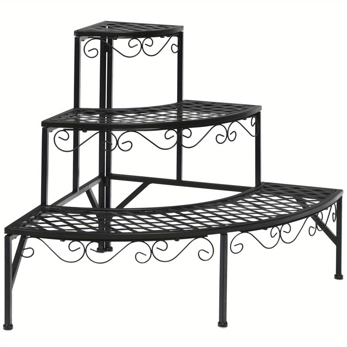 Three-Tier Black Metal Corner Plant Stand with Fan-Shaped Shelves, Scrollwork and Non-Slip Feet — image 4