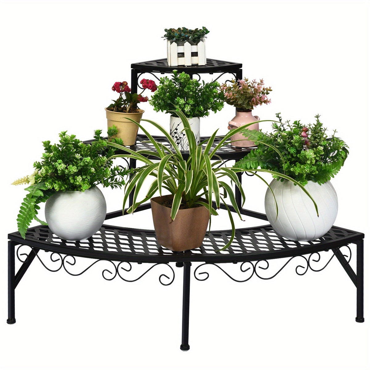 Three-Tier Black Metal Corner Plant Stand with Fan-Shaped Shelves, Scrollwork and Non-Slip Feet — image 5