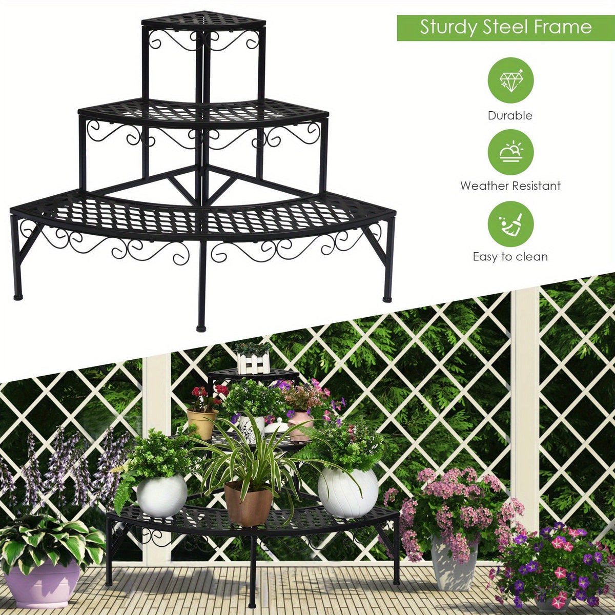 Three-Tier Black Metal Corner Plant Stand with Fan-Shaped Shelves, Scrollwork and Non-Slip Feet — image 6