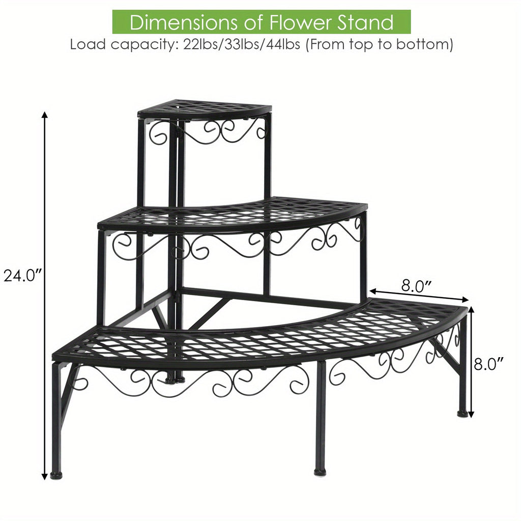 Three-Tier Black Metal Corner Plant Stand with Fan-Shaped Shelves, Scrollwork and Non-Slip Feet — image 3