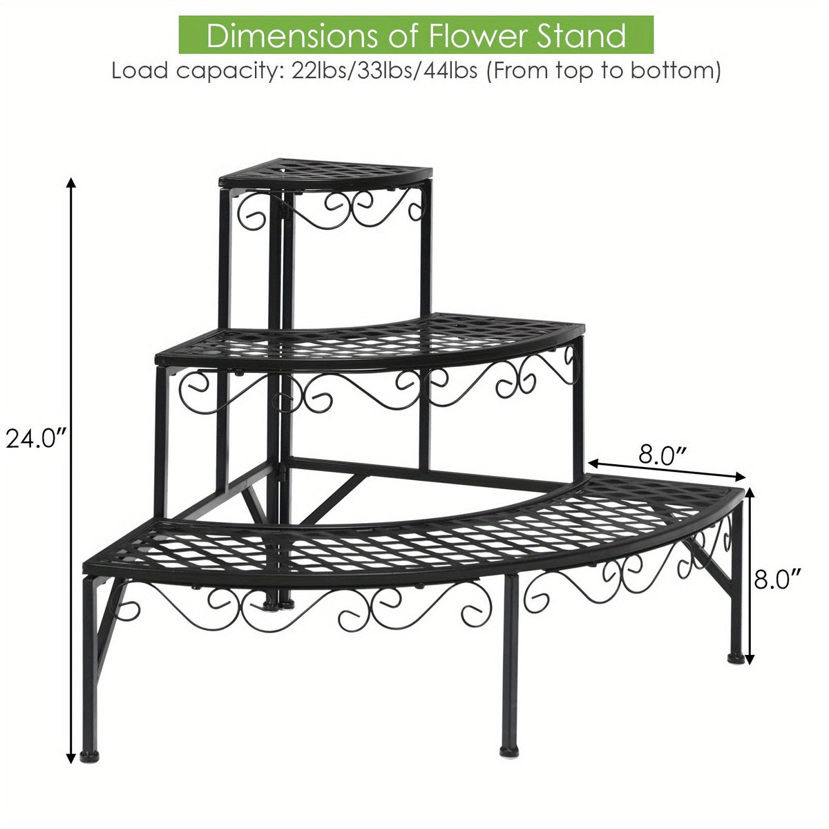 Three-Tier Black Metal Corner Plant Stand with Fan-Shaped Shelves, Scrollwork and Non-Slip Feet — image 3