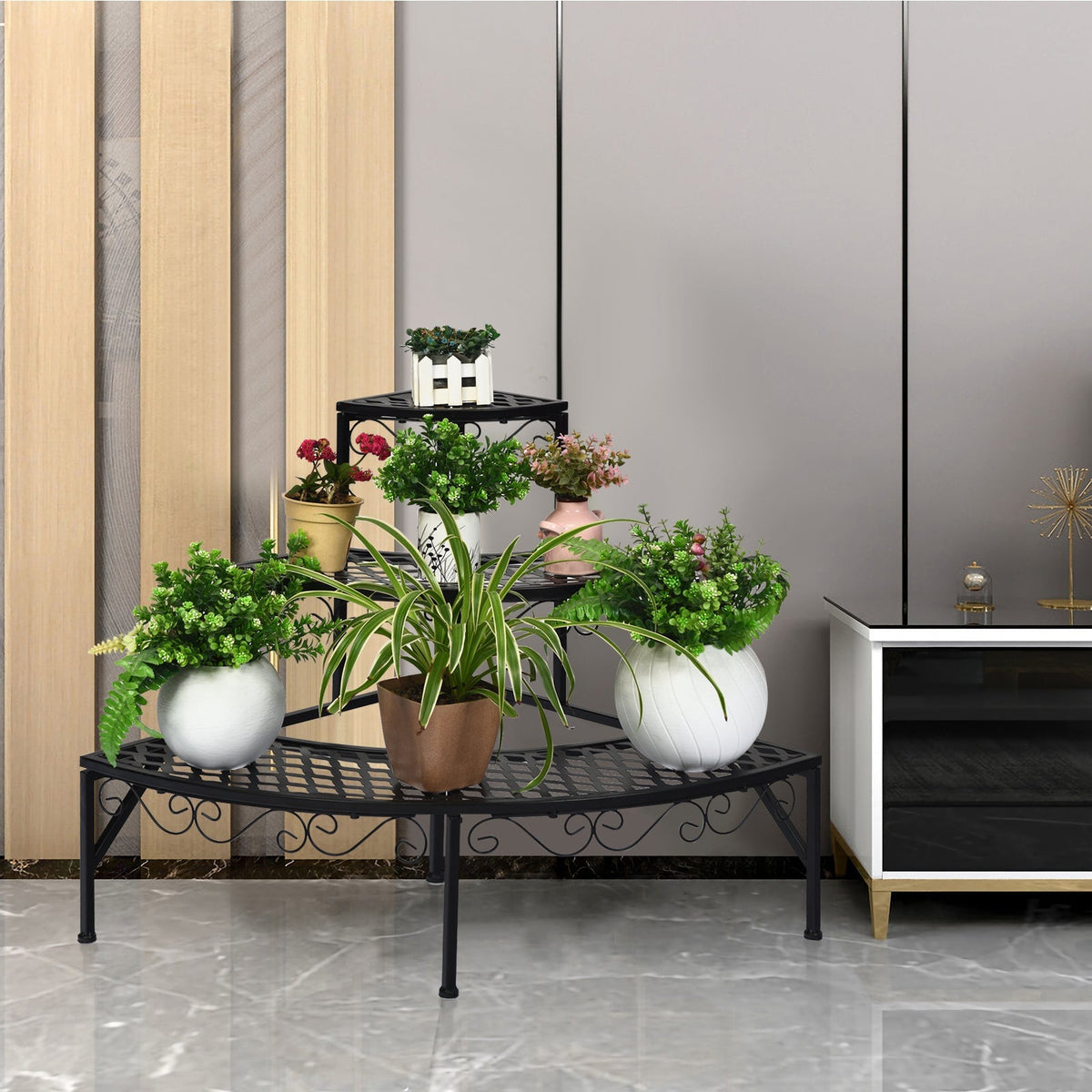 Three-Tier Black Metal Corner Plant Stand with Fan-Shaped Shelves, Scrollwork and Non-Slip Feet — image 2