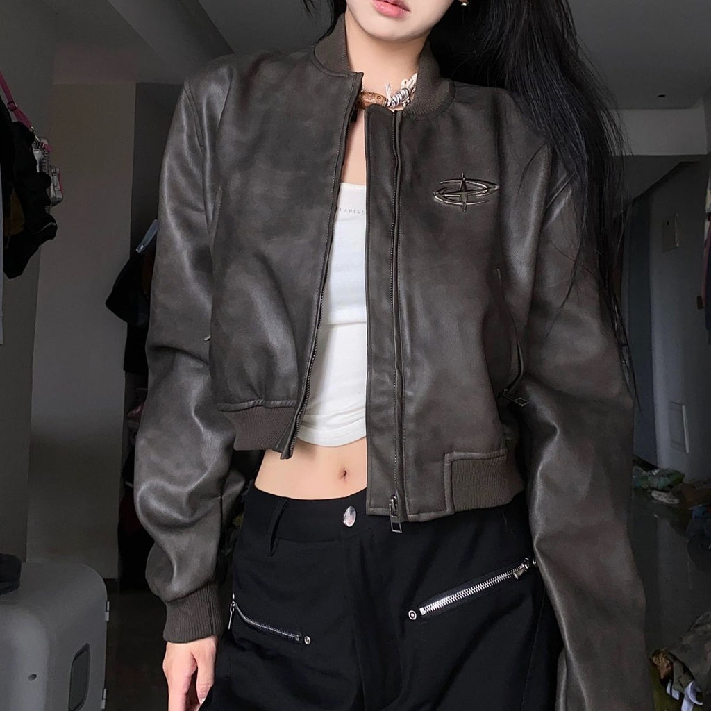 Retro Brown Short Motorcycle Small Leather Coat Pu Jacket Baseball Uniform Baggy Coat Women
