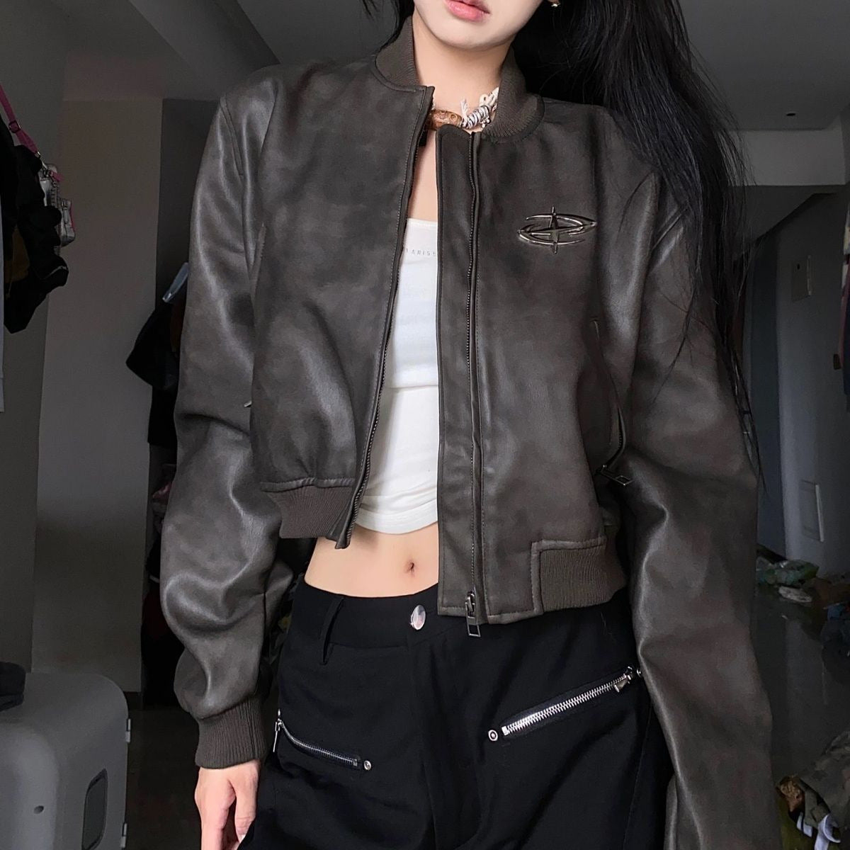 Retro Brown Short Motorcycle Small Leather Coat Pu Jacket Baseball Uniform Baggy Coat Women