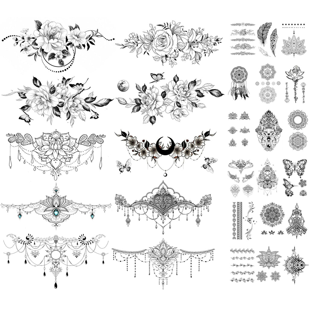 Temporary Tattoos, 10-Sheet Large Black Body Art Set with 60-Plus Floral, Ornamental and Symbol Motifs — image 1