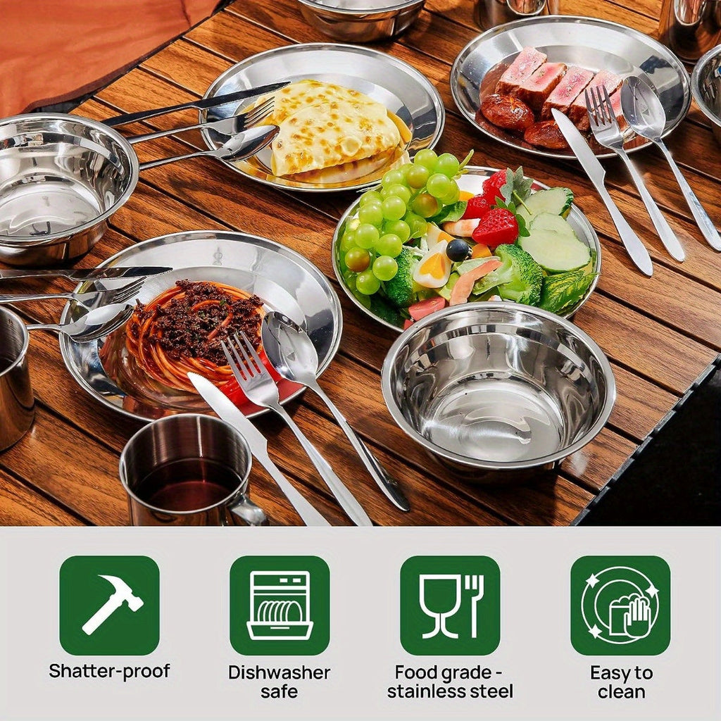 Stainless Steel Camping Mess Kit 29 Piece Dinnerware Set – Plates Bowls Mugs Cutlery, for Camping, Travel and Outdoor Use — i