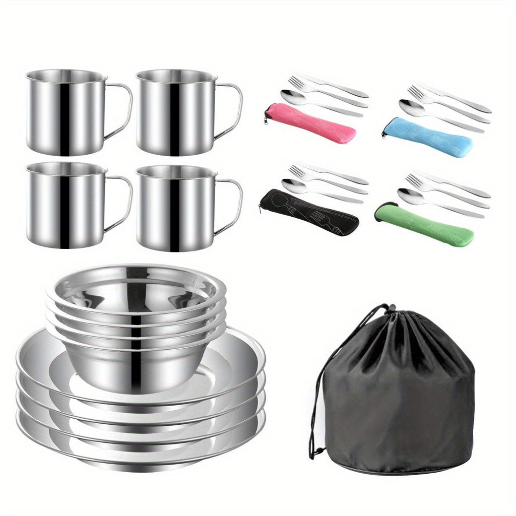 Stainless Steel Camping Mess Kit 29 Piece Dinnerware Set – Plates Bowls Mugs Cutlery, for Camping, Travel and Outdoor Use — i