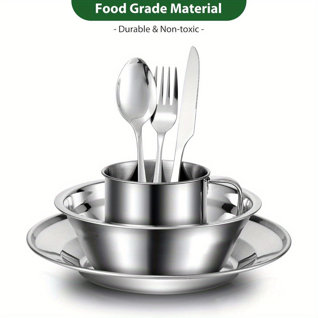 Stainless Steel Camping Mess Kit 29 Piece Dinnerware Set – Plates Bowls Mugs Cutlery, for Camping, Travel and Outdoor Use — i