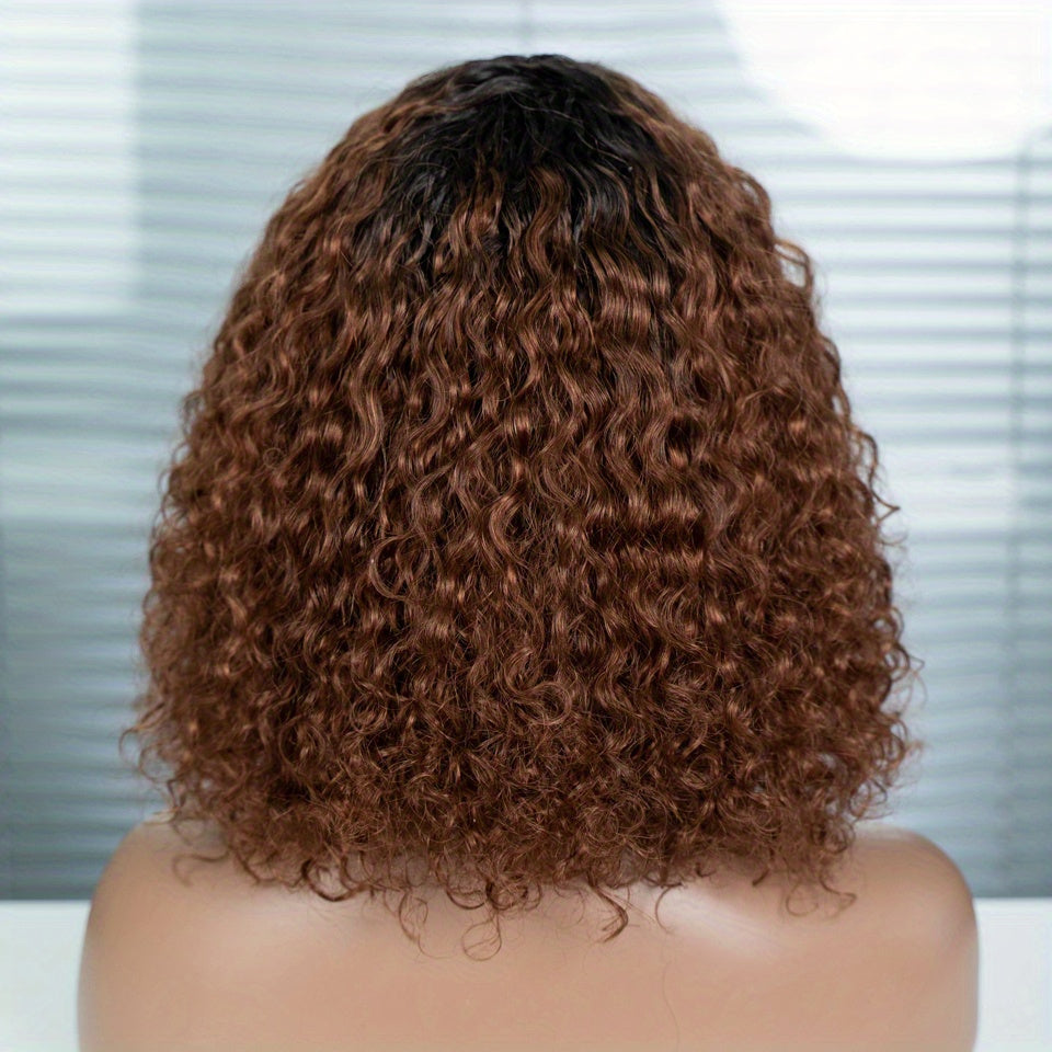 12-Inch Water Wave Bob Human Hair Wig with Bangs, 150% Density and TT1B/33 or P1B/30 Color — image 1