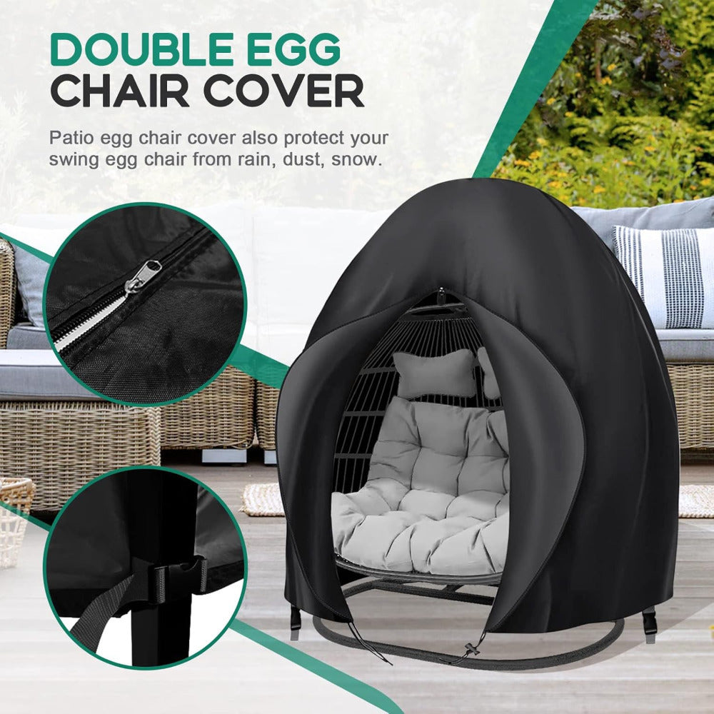 Black Double-Egg Chair Cover with Front Zipper, Drawstring Buckle and Full Enclosure Shape — image 2