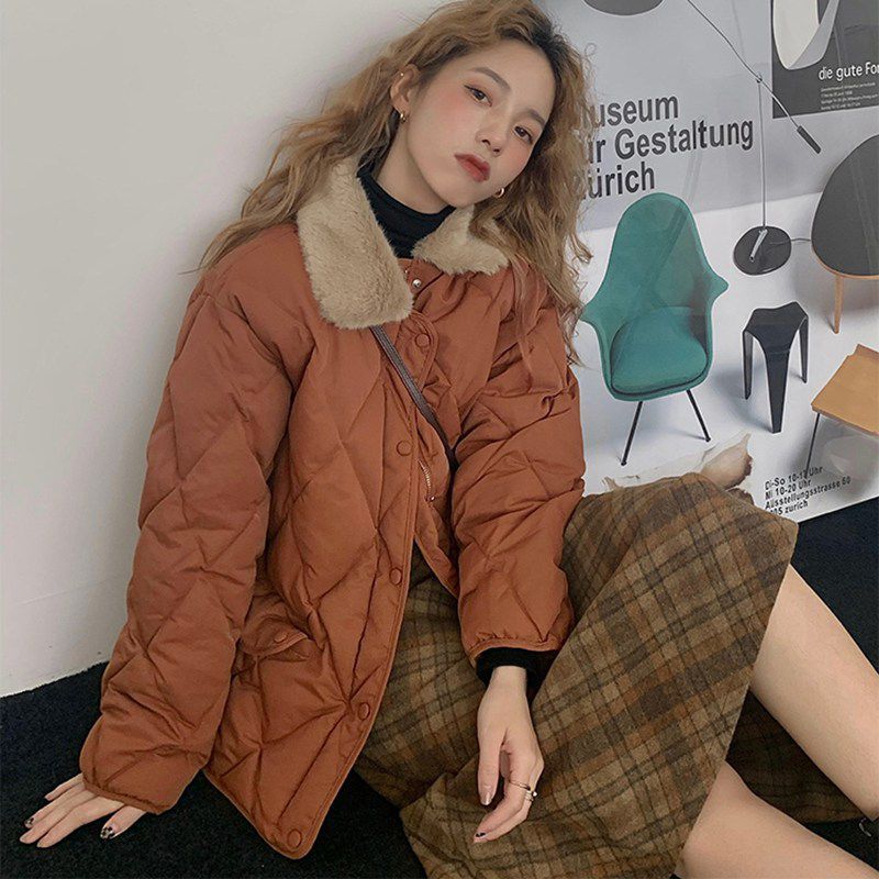 Loose Rhombus Bread Coat Stitching Fur Collar Warm Thickened Cotton-padded Jacket Coat For Women