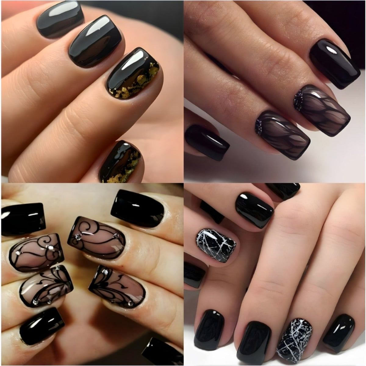 Press On Nails 96-Piece Short Square Black Ice-Crack Pattern Glossy Full-Cover Set with Nail Glue — image 10