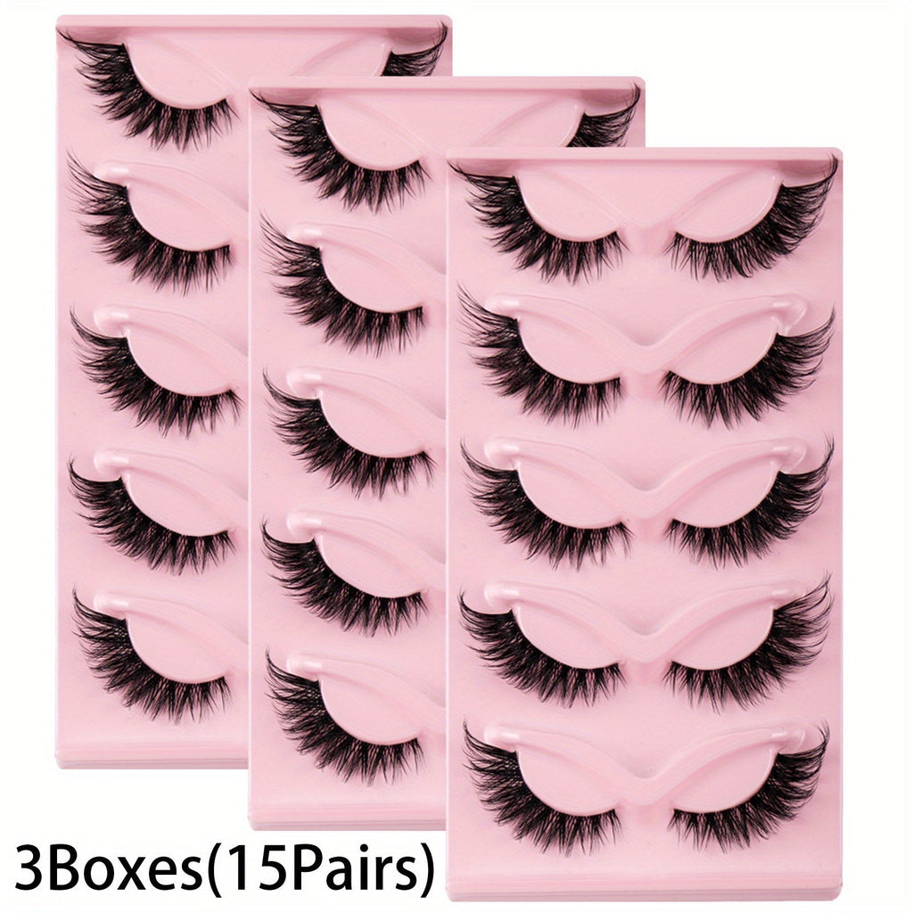 15 Pairs Cat Eye Strip Lashes – Natural Long Manga Wispy False Eyelashes with Winged Tips, 3 Boxes Elongated Dramatic Eye Loo