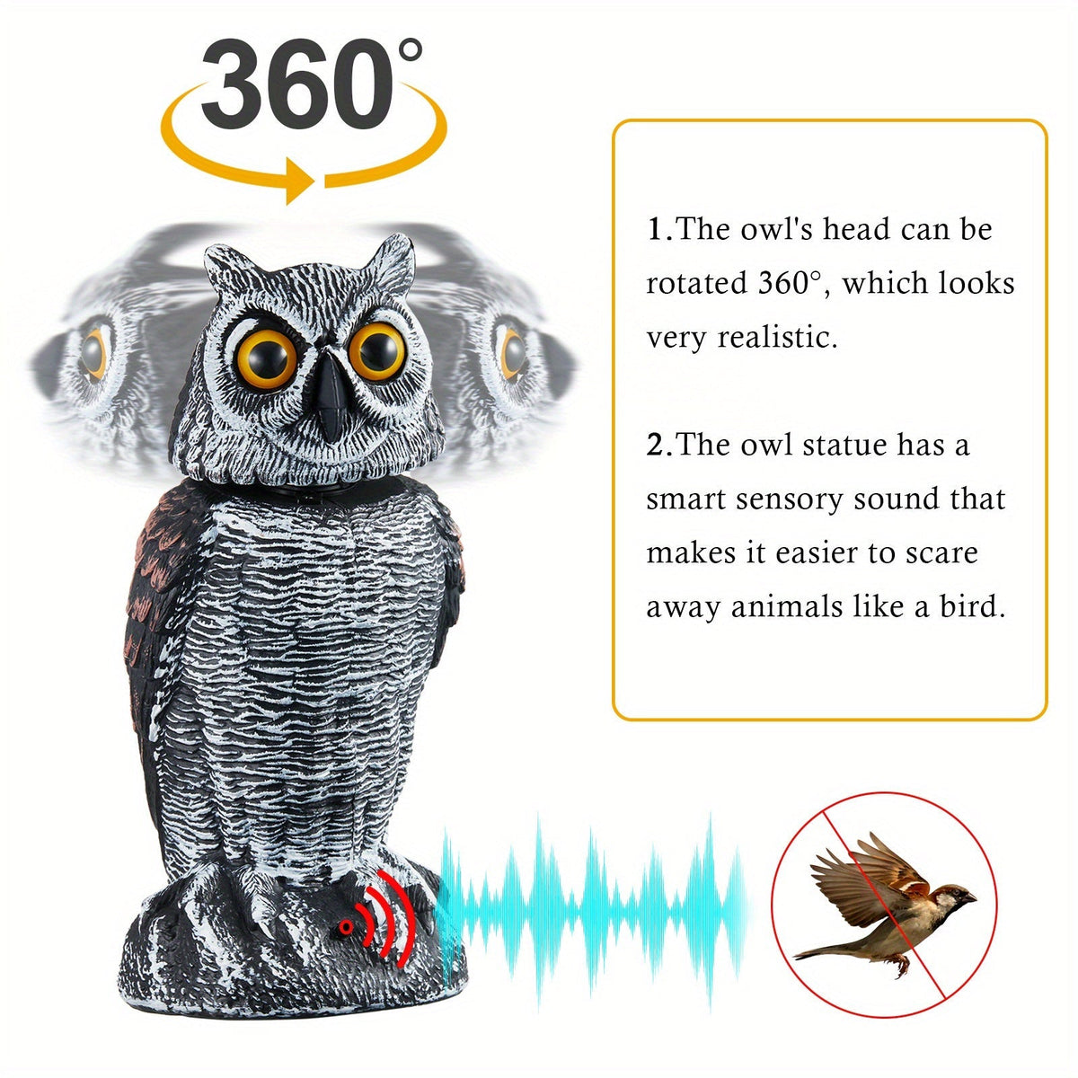 Rotating Head Fake Owl Decoy Bird Deterrent, Battery Powered Plastic Scarecrow Repellent for Garden Yard Patio — image 5