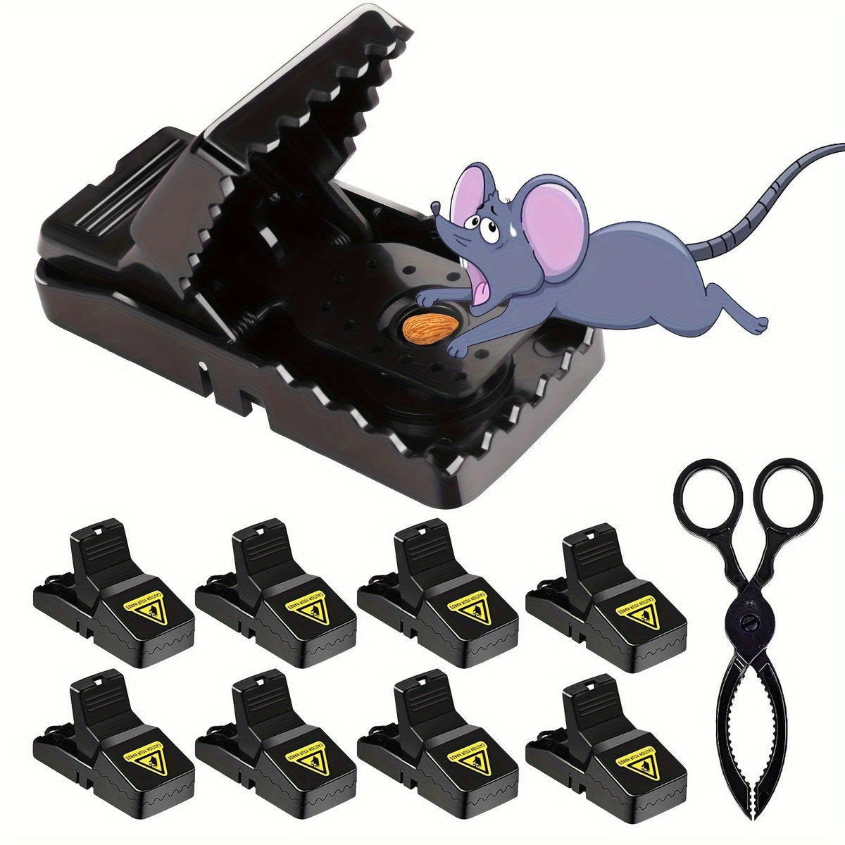 Eight-Piece Black Spring Snap Trap Set for Mouse-Size Rodents with Removable Bait-Cup Design — image 1