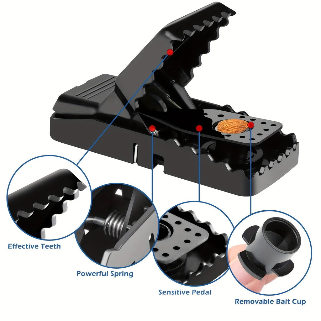 Eight-Piece Black Spring Snap Trap Set for Mouse-Size Rodents with Removable Bait-Cup Design — image 7