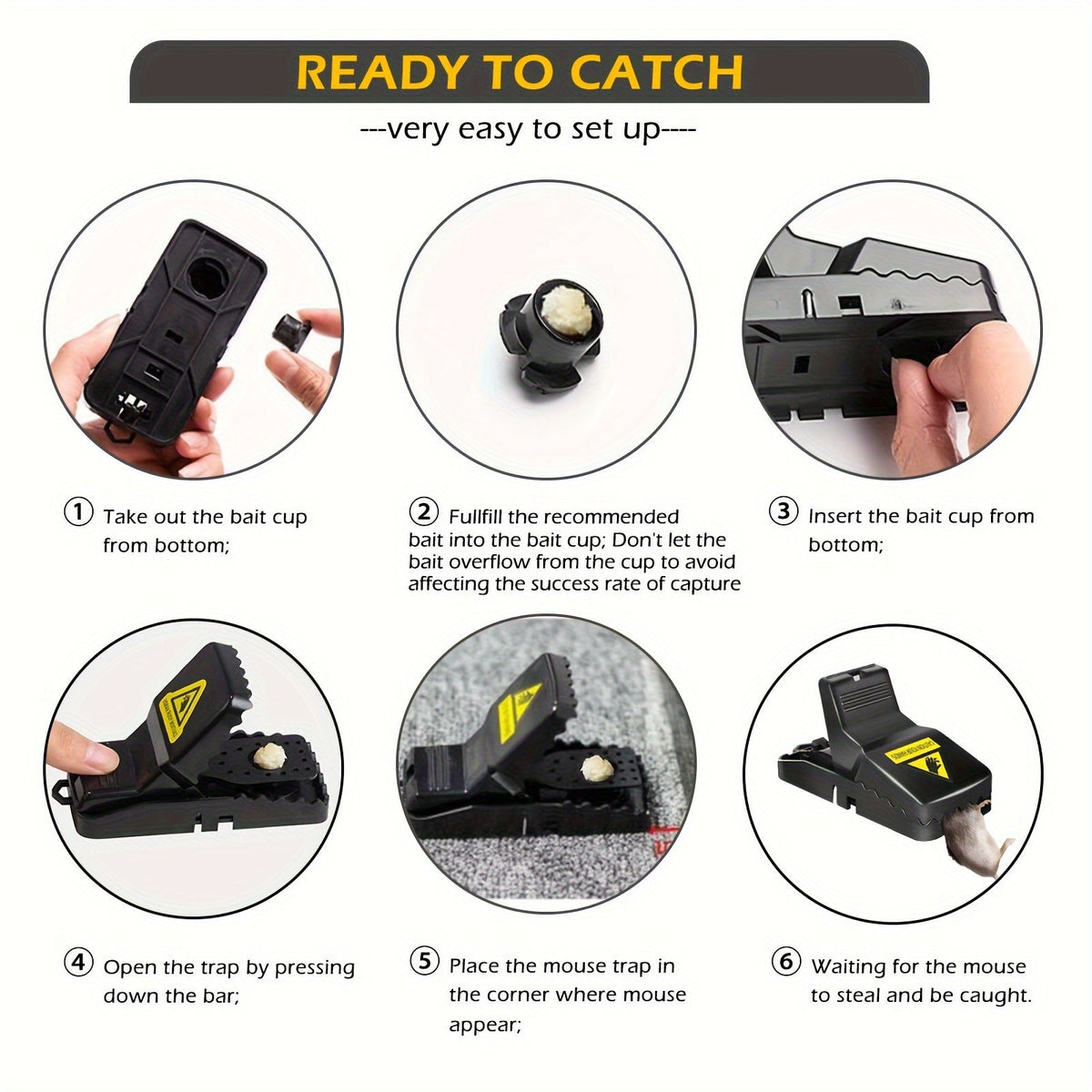 Eight-Piece Black Spring Snap Trap Set for Mouse-Size Rodents with Removable Bait-Cup Design — image 5