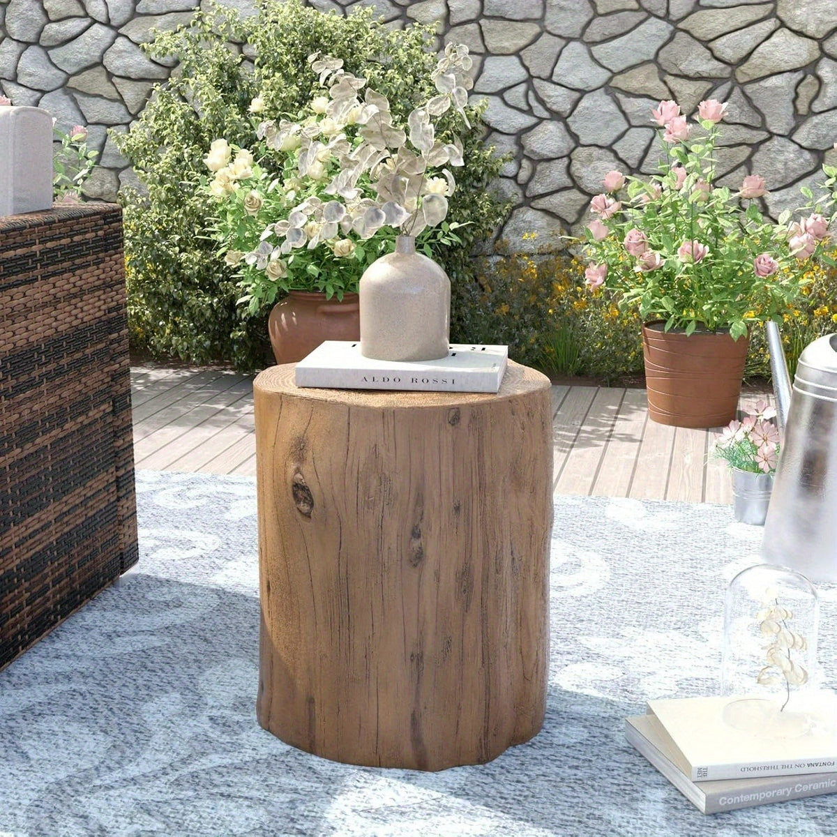 Outdoor Side Table Faux Wood Tree-Stump Design in Magnesia with Cylindrical Form and Brown Finish — image 2