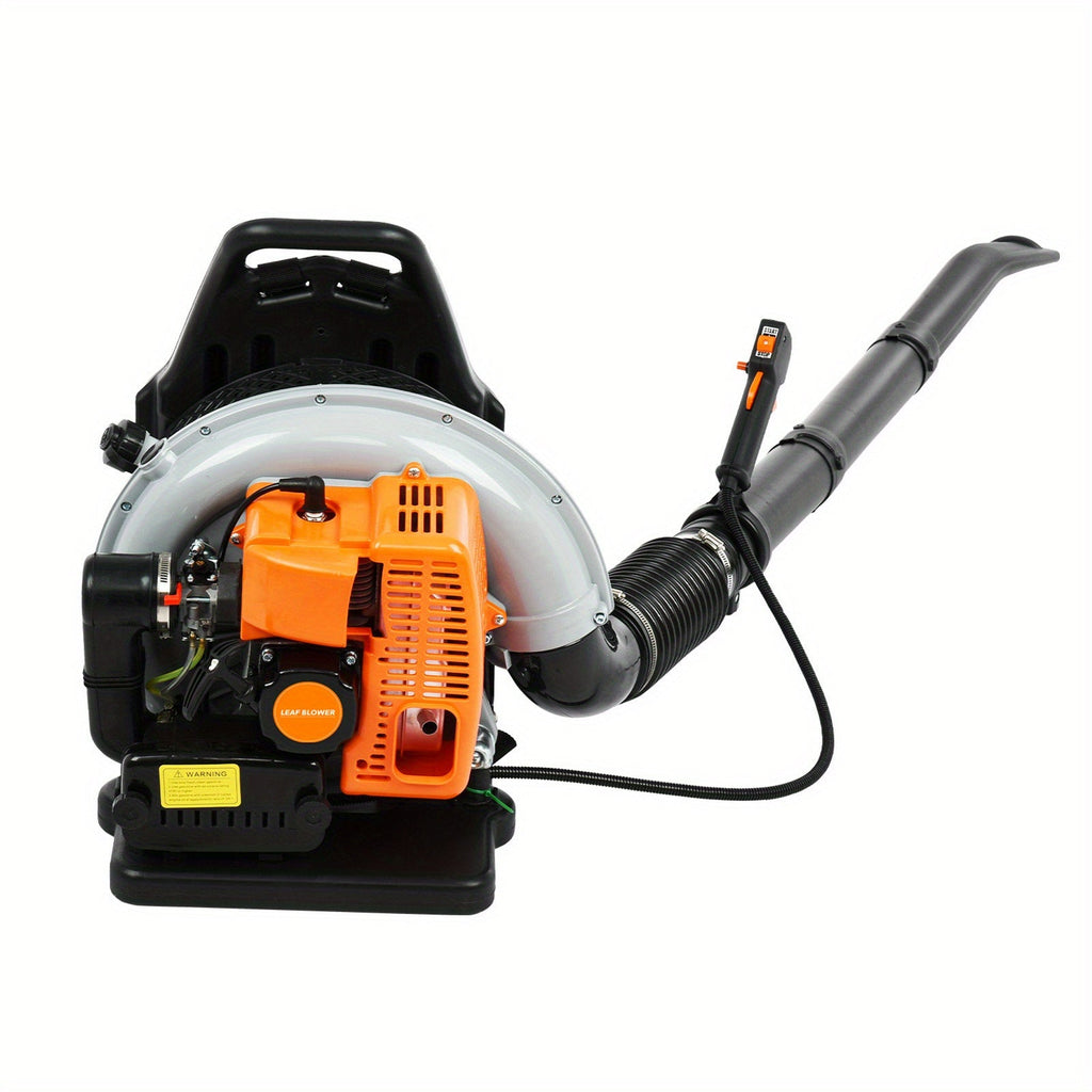 Backpack Gas Leaf Blower in Orange with 2-Stroke Engine Label, Flexible Elbow, Long Tube and Control Handle — image 3