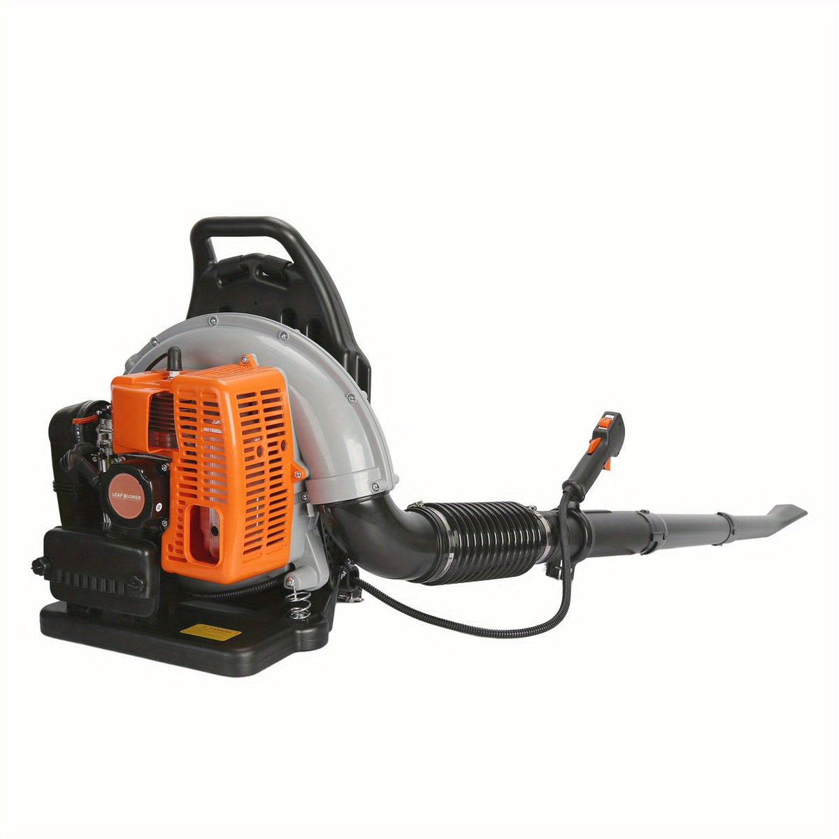 Backpack Gas Leaf Blower in Orange with 2-Stroke Engine Label, Flexible Elbow, Long Tube and Control Handle — image 1
