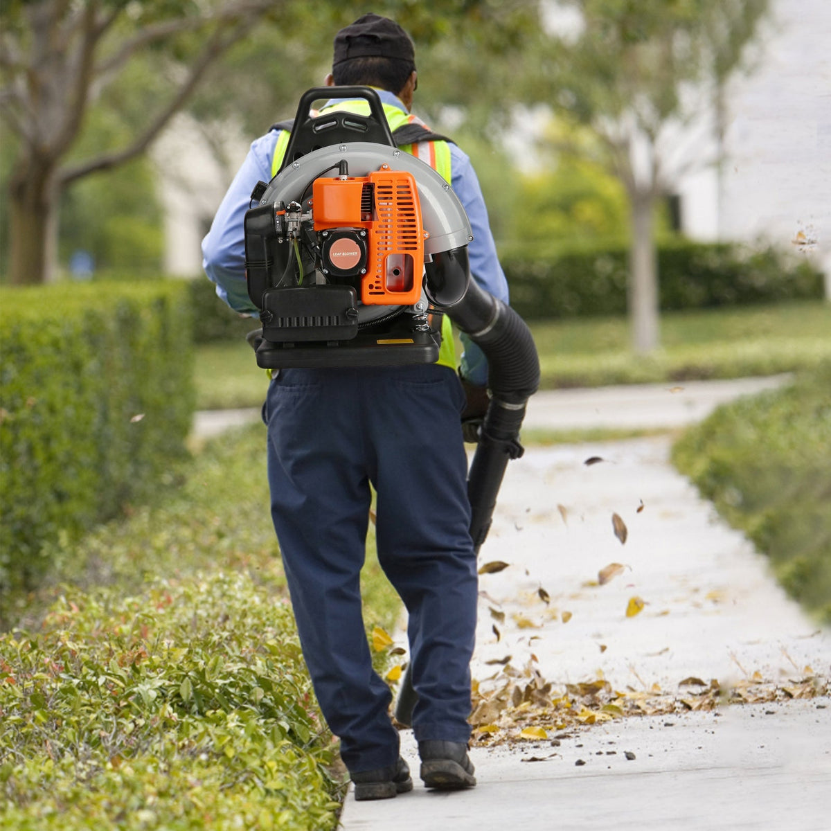 Backpack Gas Leaf Blower in Orange with 2-Stroke Engine Label, Flexible Elbow, Long Tube and Control Handle — image 6