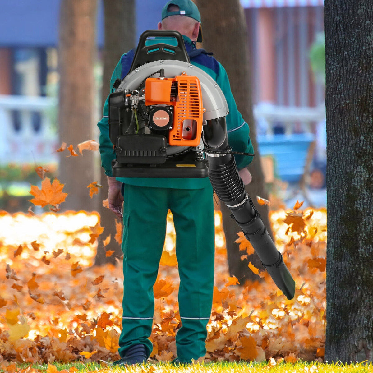 Backpack Gas Leaf Blower in Orange with 2-Stroke Engine Label, Flexible Elbow, Long Tube and Control Handle — image 5