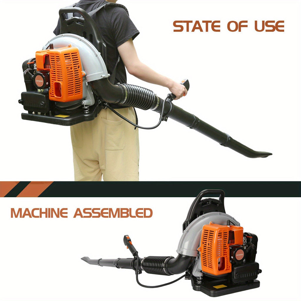 Backpack Gas Leaf Blower in Orange with 2-Stroke Engine Label, Flexible Elbow, Long Tube and Control Handle — image 4