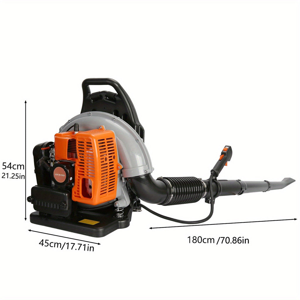 Backpack Gas Leaf Blower in Orange with 2-Stroke Engine Label, Flexible Elbow, Long Tube and Control Handle — image 2