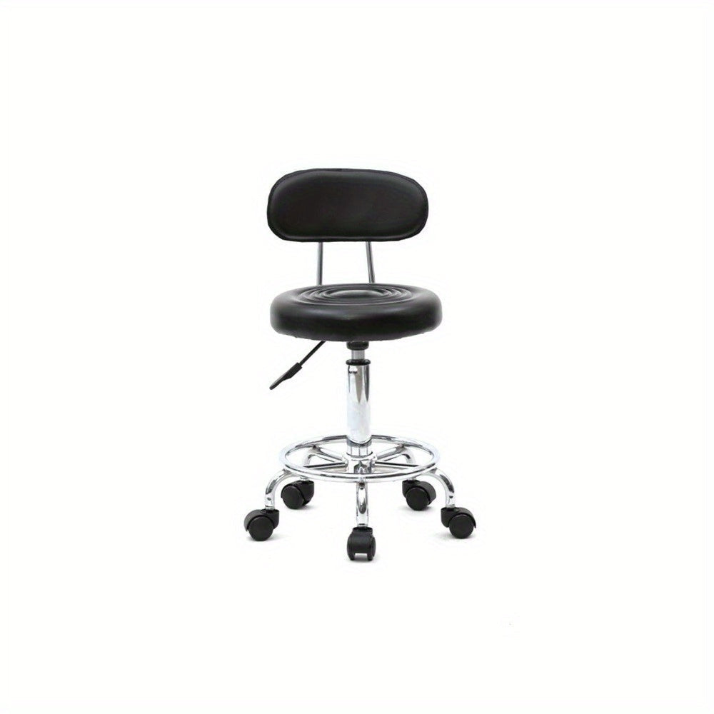 Adjustable Salon Stool with Backrest, Ring Footrest, Five Casters and Black or White Round Padded Seat — image 1