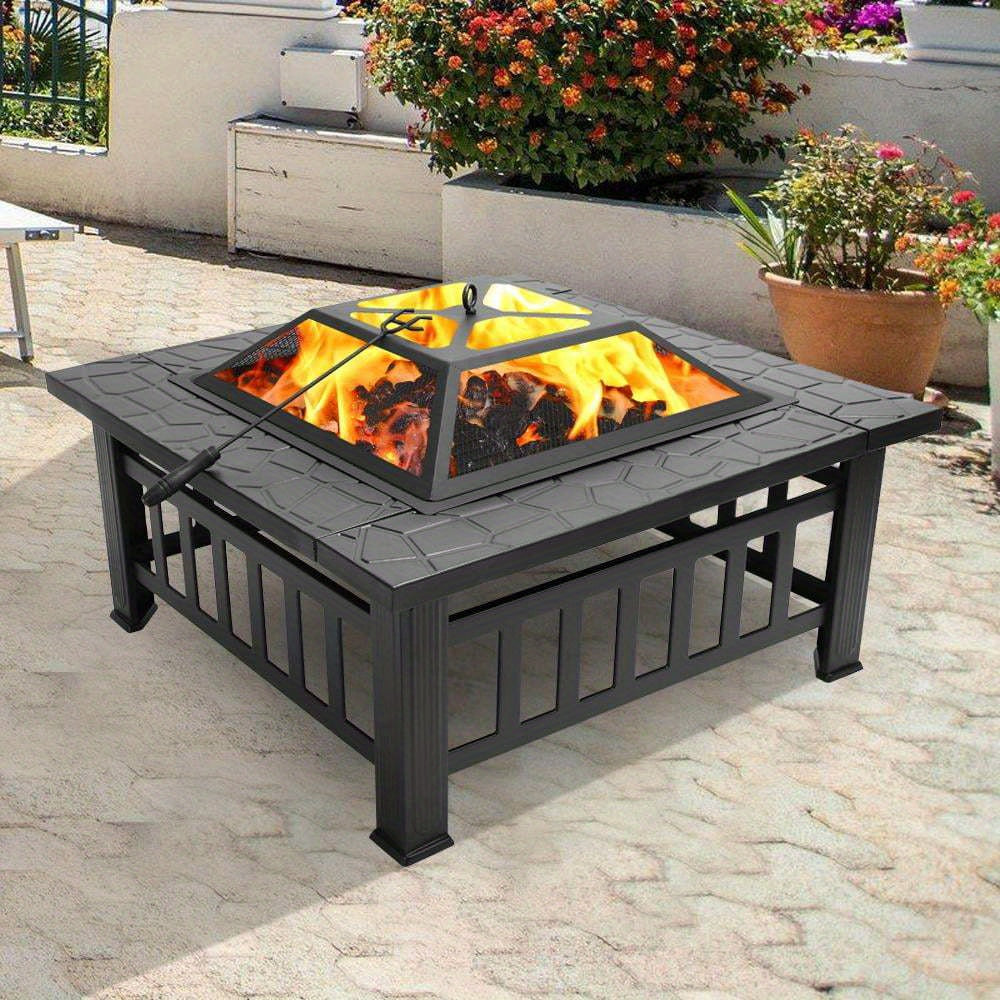Square Fire Pit Table 32 Inch Metal Wood Burning Outdoor Fire Pit with Mesh Lid, Poker & Tabletop for Backyard Patio Garden G