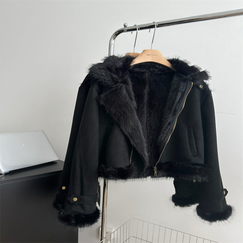 Lamb Wool One-piece Fur Motorcycle Coat Jacket Furry Coat Women