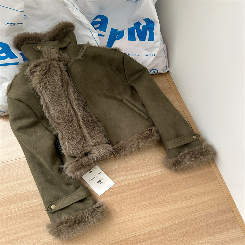 Lamb Wool One-piece Fur Motorcycle Coat Jacket Furry Coat Women
