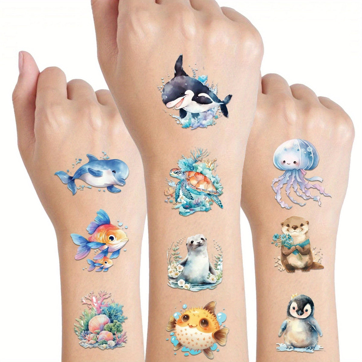 Ocean Animals Temporary Tattoo Stickers 12 Sheets 48 Designs Underwater Sea Creatures Cartoon Vibrant Body — image 1