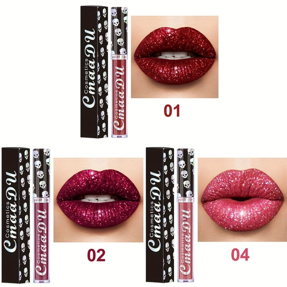 Glitter Lip Gloss Set 3pcs Skull Design Shimmer Liquid Lipstick Long Lasting Easy Remove Bold Shiny Lip Color for Music Festi