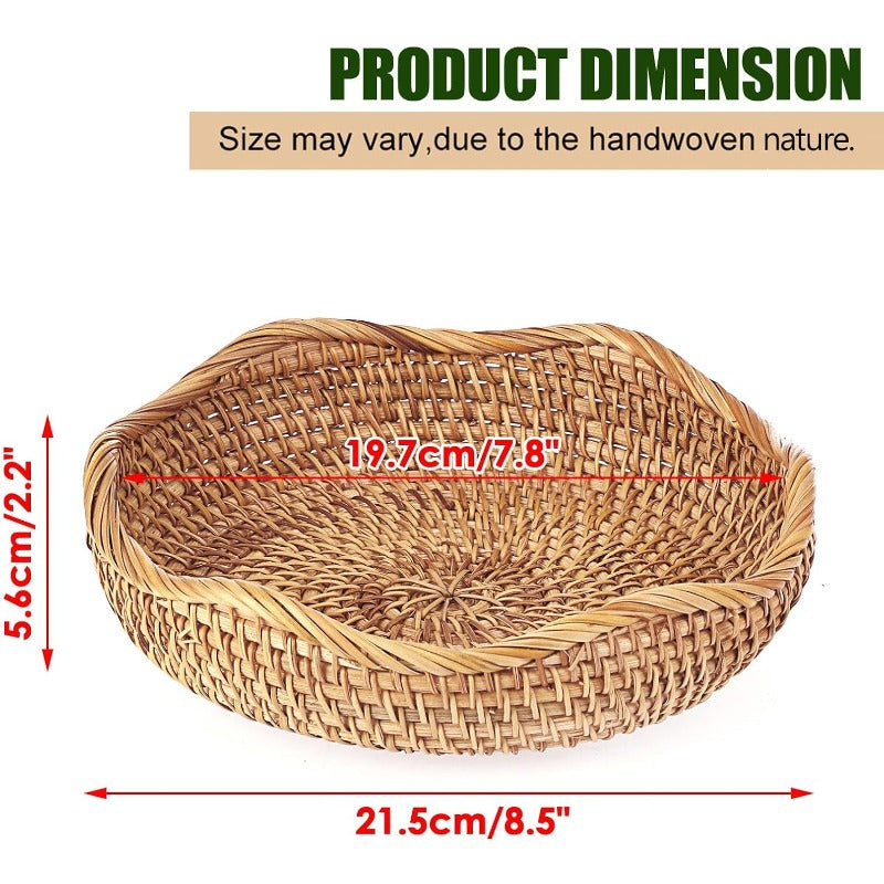 Rattan Tray Bowl – 8.5 Inch Hand Woven Natural Wicker Basket Tray for Fruit, Bread, Keys, Tabletop Decor, Kitchen, Entryway &