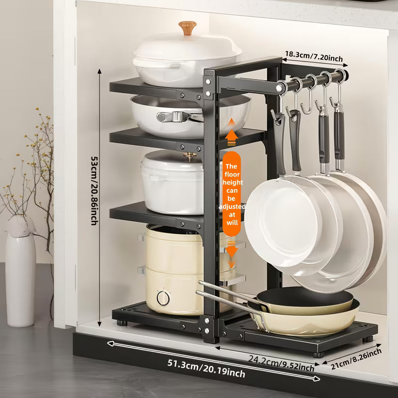 5-Tier Adjustable Carbon Steel Pot and Utensil Storage Rack with Hooks