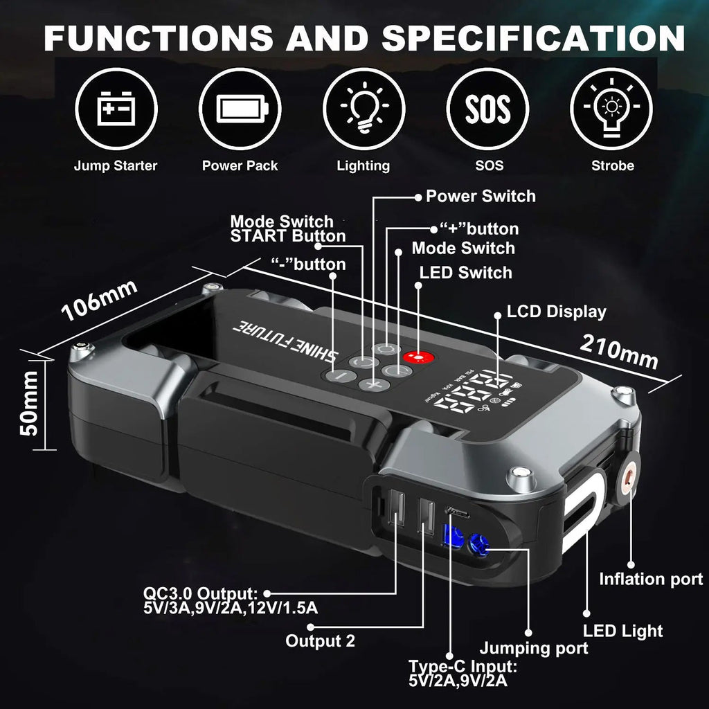 Portable Jump Starter Kit 4000A Peak 6-in-1 Battery Booster with Tire Inflator Power Bank Lithium for Garden, Patio and Yard 