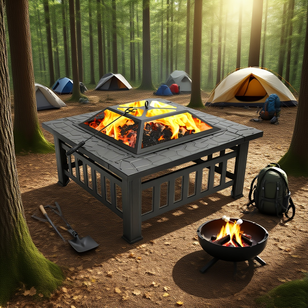 Black Square Fire Pit Table with Raised Mesh Cover, Perforated Side Panels and Wood-Burning Bowl — image 5