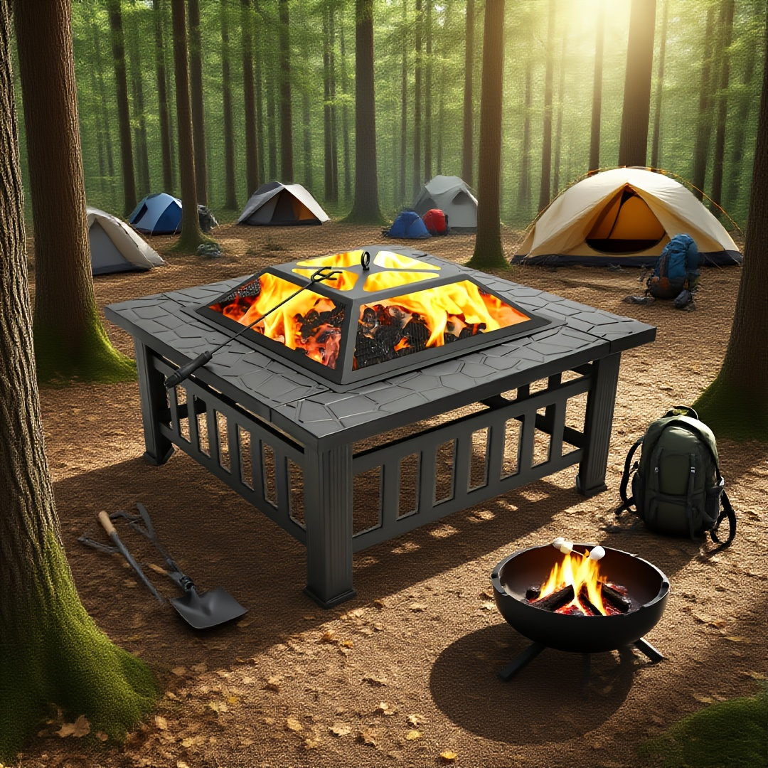 Black Square Fire Pit Table with Raised Mesh Cover, Perforated Side Panels and Wood-Burning Bowl — image 5
