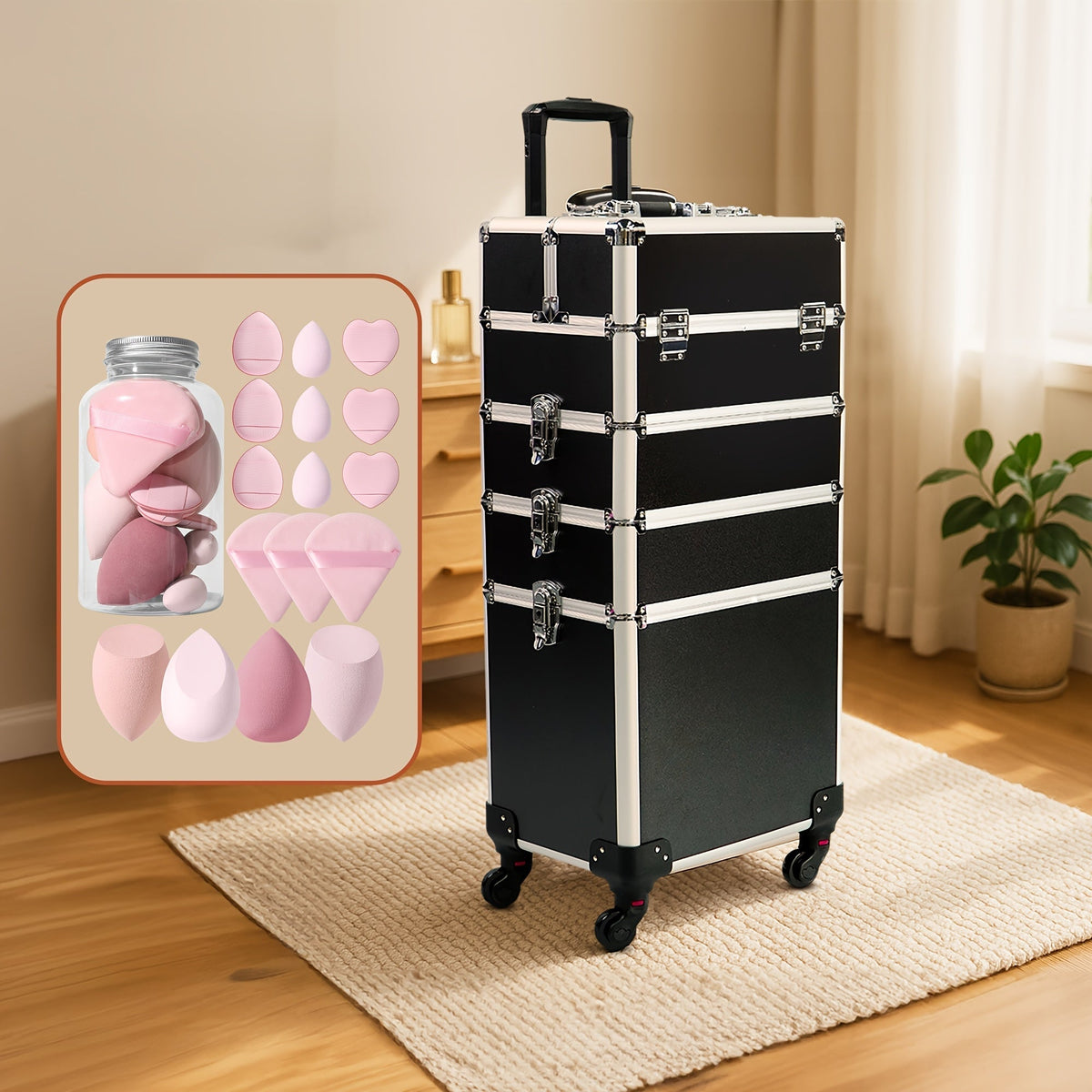 Rolling Makeup Train Case 4-in-1 Black Cosmetic Trolley with 360° Swivel Wheels & Makeup Sponges Set – Large Professional Sal