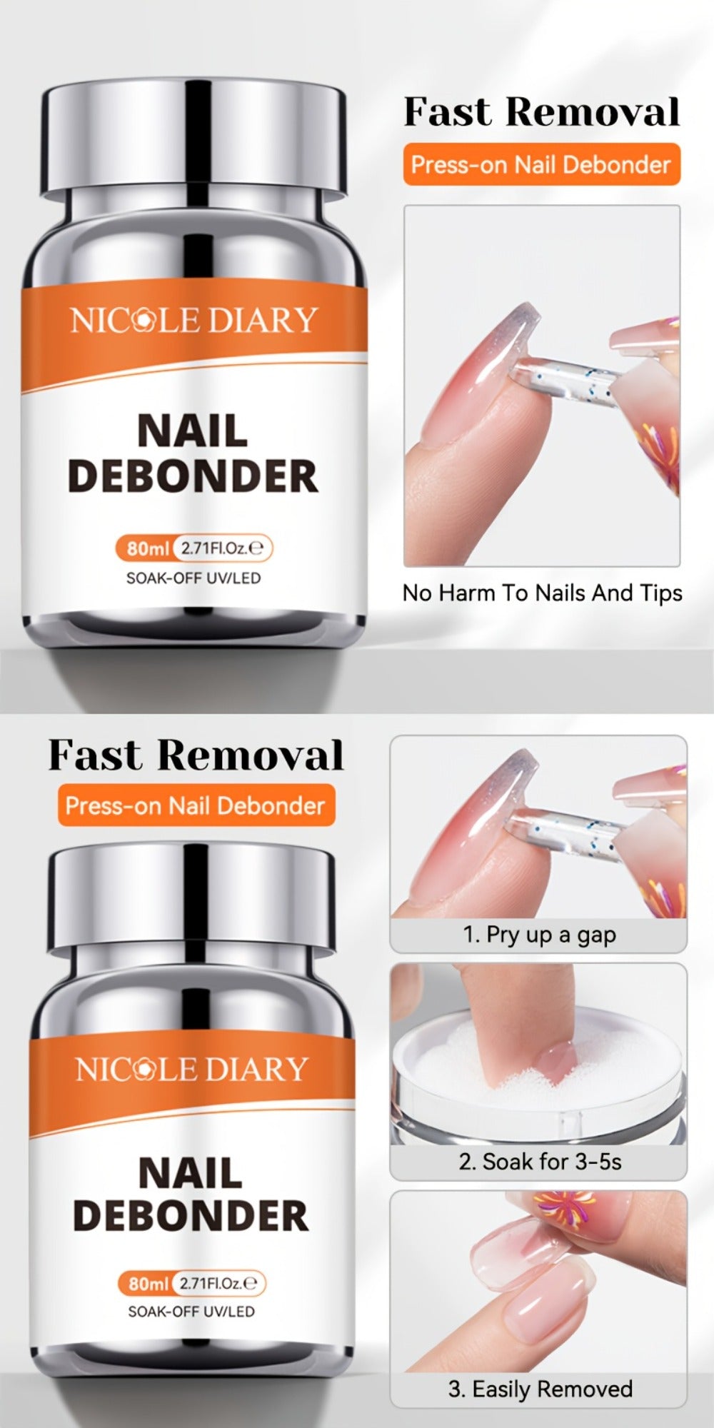 Press On Nail Debonder Remover 80ml – Fast 3-5 Second Soak-Off Liquid for False Tips, Rhinestone Glue Remover, No Damage Easy