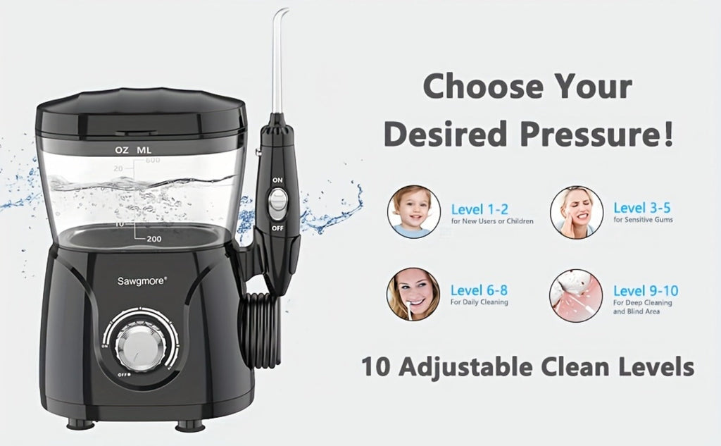 Water Flosser for Teeth & Braces 600ml Large Tank – 10 Adjustable Pressure Levels 8 Nozzles IPX4 Waterproof Professional Oral