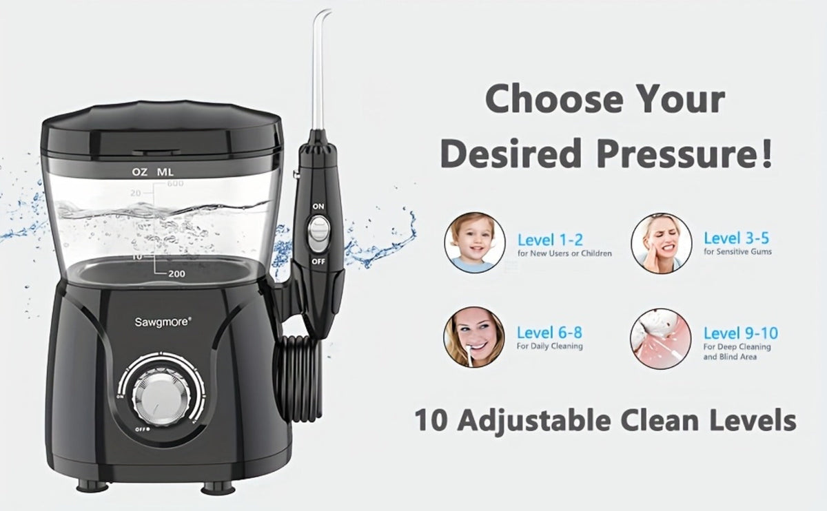 Water Flosser for Teeth & Braces 600ml Large Tank – 10 Adjustable Pressure Levels 8 Nozzles IPX4 Waterproof Professional Oral